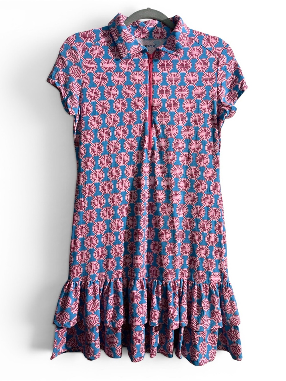 IBKUL Blue and Pink Geometric Print Polo Dress